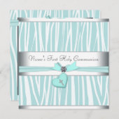 ティール（緑がかった色）ブルーゼブラクロスファースト聖体 招待状 (正面/裏面)