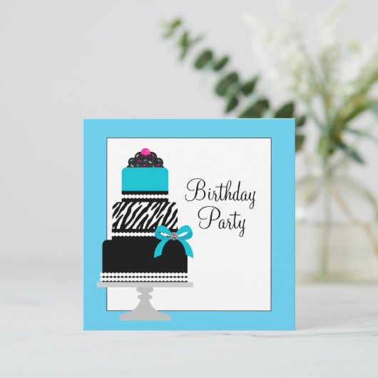 ティール(緑がかった色)ブルーゼブラケーキカップケーキバースデーパーティー 招待状 (スタンド正面)