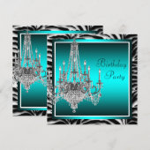 ティール（緑がかった色）ブルーゼブラシャンデリアバースデーパーティー 招待状 (正面/裏面)