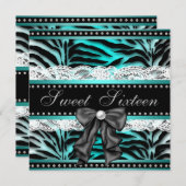 ティール（緑がかった色）ブルーゼブラスウィート16バースデーパーティー 招待状 (正面/裏面)