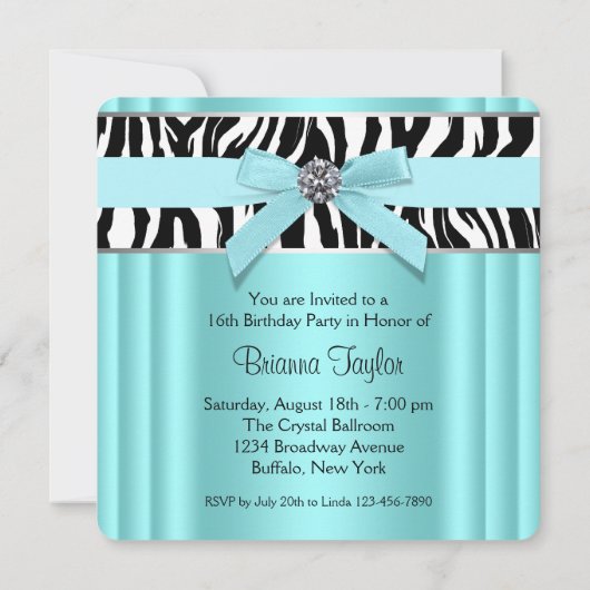 ティール(緑がかった色)ブルーゼブラスウィート16バースデーパーティー 招待状 (裏面)