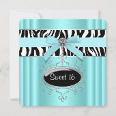 ティール(緑がかった色)ブルーゼブラスウィート16バースデーパーティー 招待状 (正面)