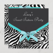 ティール(緑がかった色)ブルーゼブラバースデーパーティー 招待状 (正面/裏面)