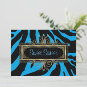 ティール（緑がかった色）ブルーゼブラブラック金ゴールドSweet sixteen誕生日 招待状 (スタンド正面)