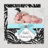 ティール(緑がかった色)ブルーゼブラベビーガールフォト《キリスト教》洗礼式や命名式 招待状 (正面/裏面)