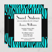 ティール(緑がかった色)ブルーゼブラモダンスウィート16バースデーパーティー 招待状 (正面/裏面)