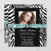 ティール(緑がかった色)ブルーゼブラ写真Sweet sixteen誕生会 招待状 (正面/裏面)