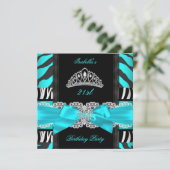 ティール(緑がかった色)ブルーゼブラ白黒ティアラバースデーパーティー2 招待状 (スタンド正面)