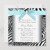 ティール（緑がかった色）ブルーゼブラSweet sixteenバースデーパーティーインクト 招待状 (裏面)