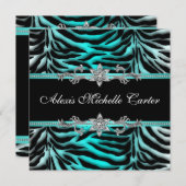 ティール(緑がかった色)ブルーゼブラSweet sixteen誕生会 招待状 (正面/裏面)