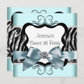 ティール（緑がかった色）ブルーゼブラSweet sixteen誕生会 招待状 (正面/裏面)