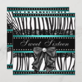 ティール（緑がかった色）ブルーゼブラSweet sixteen誕生会 招待状 (正面/裏面)