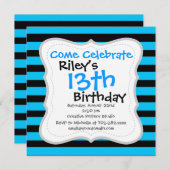 ティール(緑がかった色)ブルーターコイズとホワイトストライプのパターン 招待状 (正面/裏面)