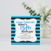 ティール(緑がかった色)ブルーターコイズとホワイトストライプのパターン 招待状 (スタンド正面)