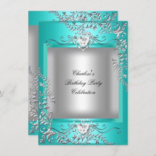 ティール（緑がかった色）ブルーターコイズシルバーバースデーパーティー 招待状 (正面/裏面)