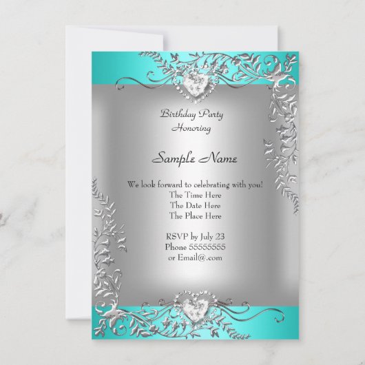 ティール（緑がかった色）ブルーターコイズシルバーバースデーパーティー 招待状 (裏面)