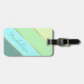 ティール（緑がかった色）ブルーターコイズミントグリーンストライプパタン ラゲッジタグ (正面横)