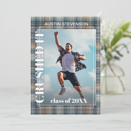 ティール(緑がかった色)ブルータータンチェックプライド卒業 案内状 (スタンド正面)