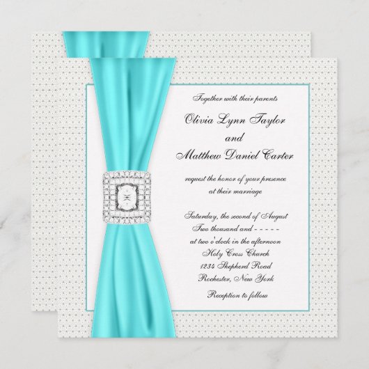 ティール(緑がかった色)ブルーダイヤモンドアイボリー結婚ズ 招待状 (正面/裏面)