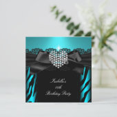 ティール（緑がかった色）ブルーダイヤモンドハートゼブラバースデーパーティー2 招待状 (スタンド正面)