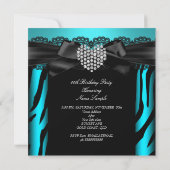 ティール（緑がかった色）ブルーダイヤモンドハートゼブラバースデーパーティー2 招待状 (裏面)
