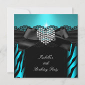 ティール（緑がかった色）ブルーダイヤモンドハートゼブラバースデーパーティー2 招待状 (正面)