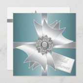 ティール(緑がかった色)ブルーダイヤモンドボウブライダルシャワー招待 招待状 (正面/裏面)