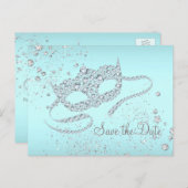 ティール(緑がかった色)ブルーダイヤモンドマスカレードパーティー日付を保存 案内ポストカード (正面/裏面)