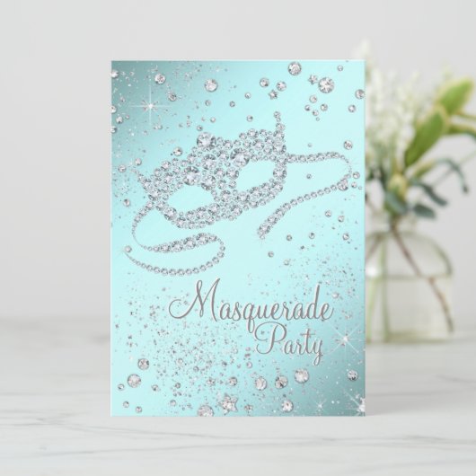 ティール(緑がかった色)ブルーダイヤモンドマスクマスカレードパーティー 招待状 (スタンド正面)