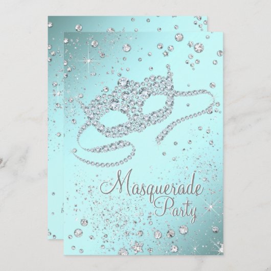ティール(緑がかった色)ブルーダイヤモンドマスクマスカレードパーティー 招待状 (正面/裏面)