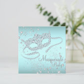 ティール(緑がかった色)ブルーダイヤモンドマスクマスカレードパーティー 招待状 (スタンド正面)