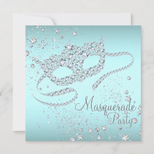 ティール(緑がかった色)ブルーダイヤモンドマスクマスカレードパーティー 招待状 (正面)