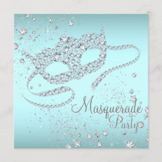 ティール(緑がかった色)ブルーダイヤモンドマスクマスカレードパーティー 招待状