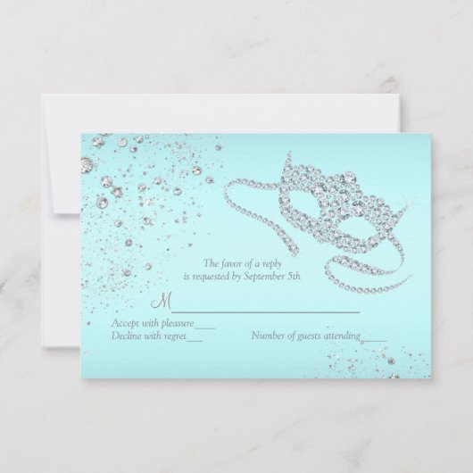 ティール（緑がかった色）ブルーダイヤモンドマスクマスカレードパーティーRSVP 出欠カード (裏面)