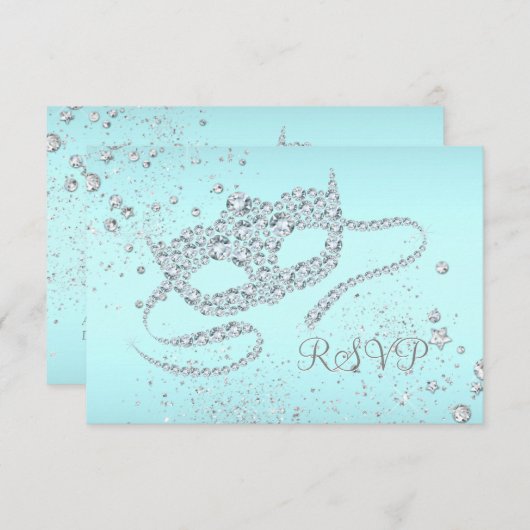 ティール（緑がかった色）ブルーダイヤモンドマスクマスカレードパーティーRSVP 出欠カード (正面/裏面)