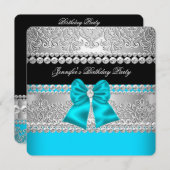 ティール（緑がかった色）ブルーダイヤモンドレースバースデーパーティー 招待状 (正面/裏面)