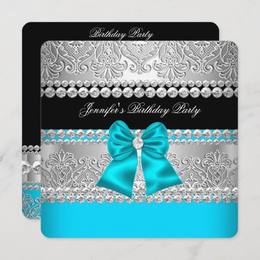 ティール（緑がかった色）ブルーダイヤモンドレースバースデーパーティー 招待状 (正面/裏面)