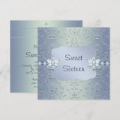 ティール（緑がかった色）ブルーダマスクきらめくSweet sixteen招待状 招待状 (正面/裏面)
