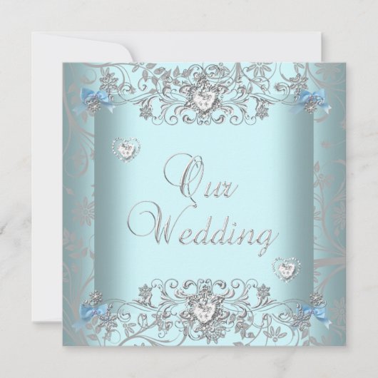 ティール（緑がかった色）ブルーダマスクウェディングシルバーダイヤモンドハート 招待状 (正面)