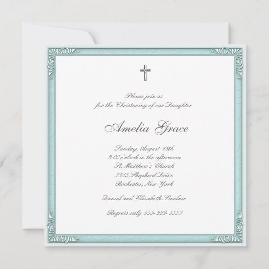 ティール（緑がかった色）ブルーダマスクガールフォト《キリスト教》洗礼式や命名式 招待状 (裏面)