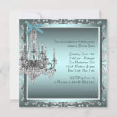 ティール(緑がかった色)ブルーダマスクシャンデリアバースデーパーティー 招待状 (裏面)