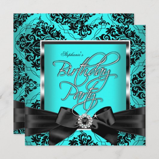 ティール（緑がかった色）ブルーダマスクシルバーブラックバースデーパーティー 招待状 (正面/裏面)