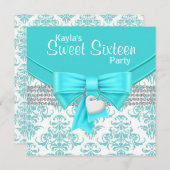 ティール（緑がかった色）ブルーダマスクスウィート16パーティー 招待状 (正面/裏面)