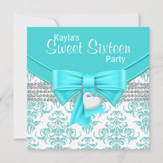 ティール（緑がかった色）ブルーダマスクスウィート16パーティー 招待状 (正面)
