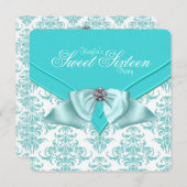 ティール(緑がかった色)ブルーダマスクスウィート16パーティー 招待状 (正面/裏面)