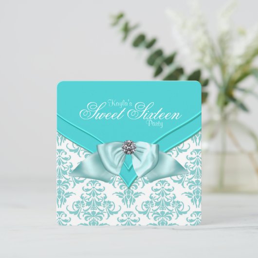 ティール（緑がかった色）ブルーダマスクスウィート16パーティー 招待状 (スタンド正面)