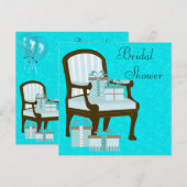 ティール（緑がかった色）ブルーダマスクチェアギフトブライダルシャワー 招待状 (正面/裏面)