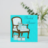 ティール（緑がかった色）ブルーダマスクチェアギフトブライダルシャワー 招待状 (スタンド正面)