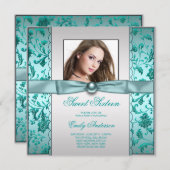 ティール（緑がかった色）ブルーダマスクフォトSweet sixteen誕生日 招待状 (正面/裏面)