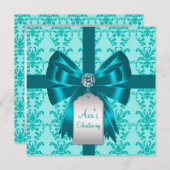 ティール（緑がかった色）ブルーダマスクベビーバプテスマ《キリスト教》洗礼式や命名式 招待状 (正面/裏面)